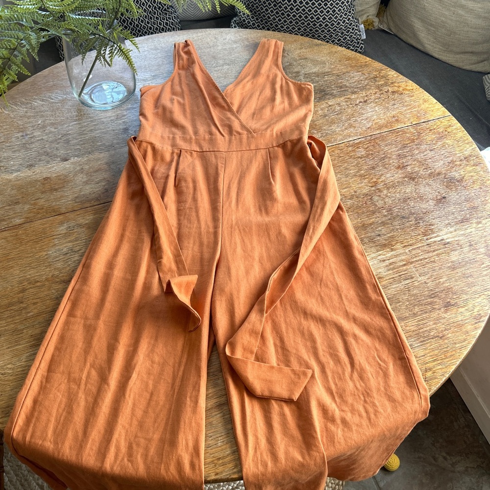 Orange Linen Feel Tie Waist Jumpsuit - M